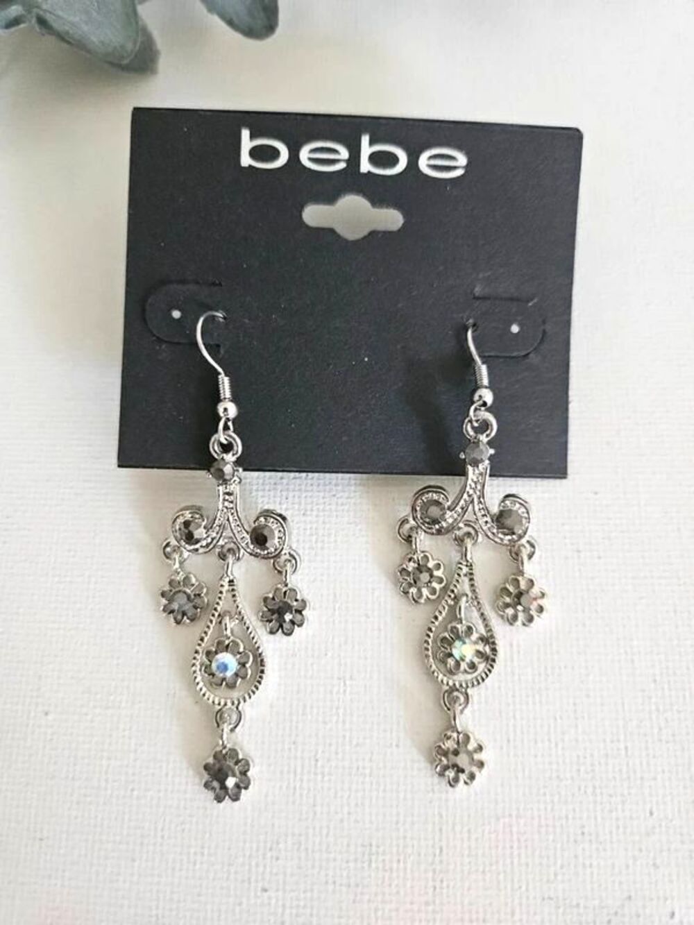 Bebe Silver Tone Crystal Chandelier Dangle Earrings Y2K NEW